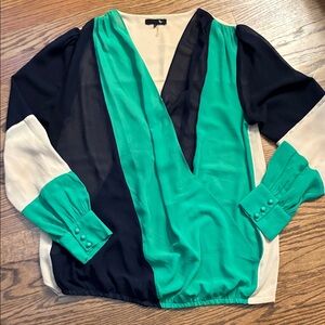 RYU for Anthropologie Sz Large Sheer Elegant Green Navy, Beige Women's Blouse